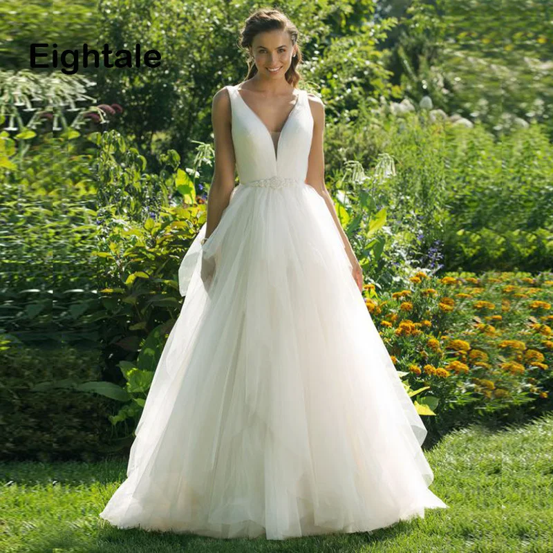 

Eightale Princess Wedding Dress Boho V Neck Pleatd A-Line Plus Size Bride Dress Beaded Customized Wedding Gowns vestidos novia