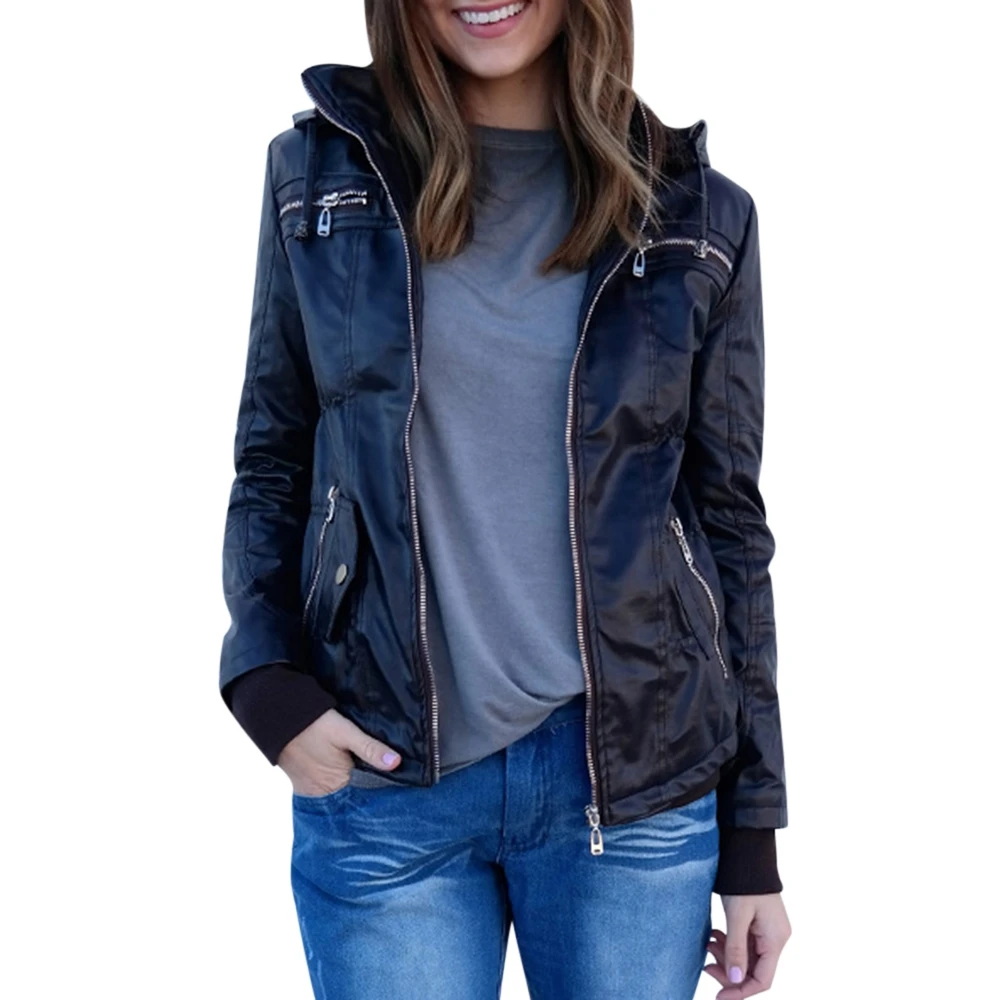 Chic Hooded Solid Color Detachable Sleeve Faux Leather Jacket For Women