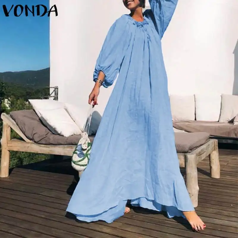 

VONDA 2019 Spring Women Maxi Long Dress Dresses Lantern Sleeve Casual Loose Swing Floor-length Party Vestidos Plus Size