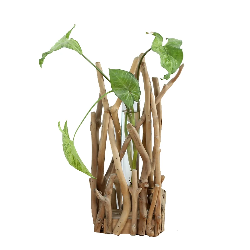 

1 Set Glass Vase Tube Shape Clear Flower Bottle With Wooden Shelf Wood Stand Hydroponic Glass Container Home Decor Ornament