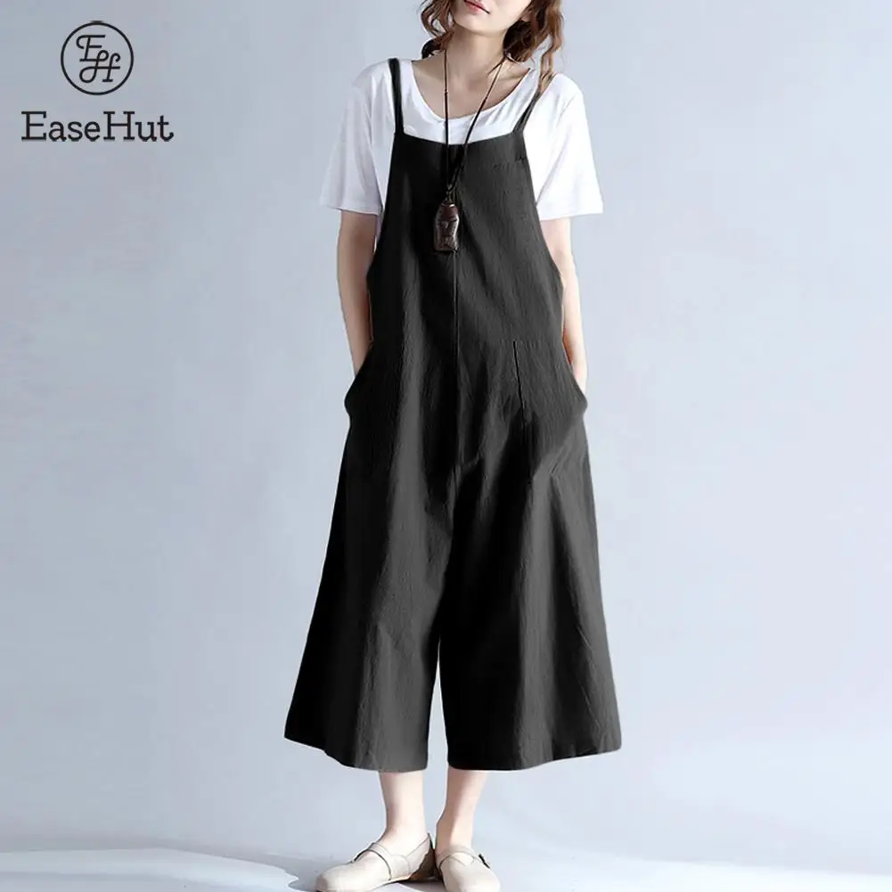 

EaseHut 2019 Plus Size Women's Linen Summer Jumpsuit Long Wide Leg Romper Strappy Dungaree Overalls Casual Black Jumpsuit