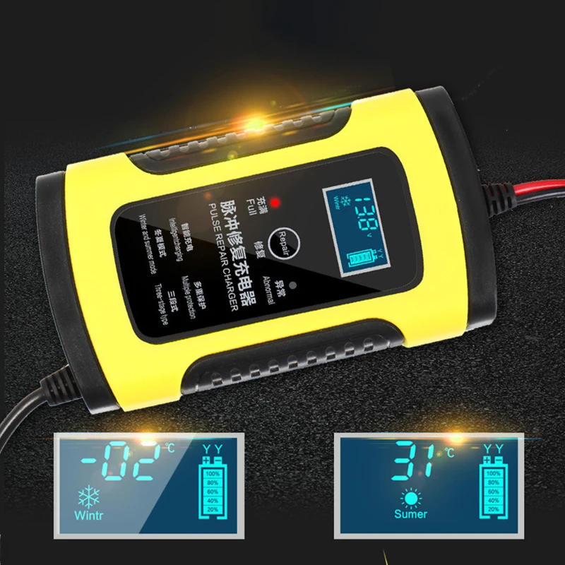 12V 6A Motorcycle Pulse Repair Charger With LCD Display Lead-Acid Battery Charger  Digital Display Car Battery Charger For Auto