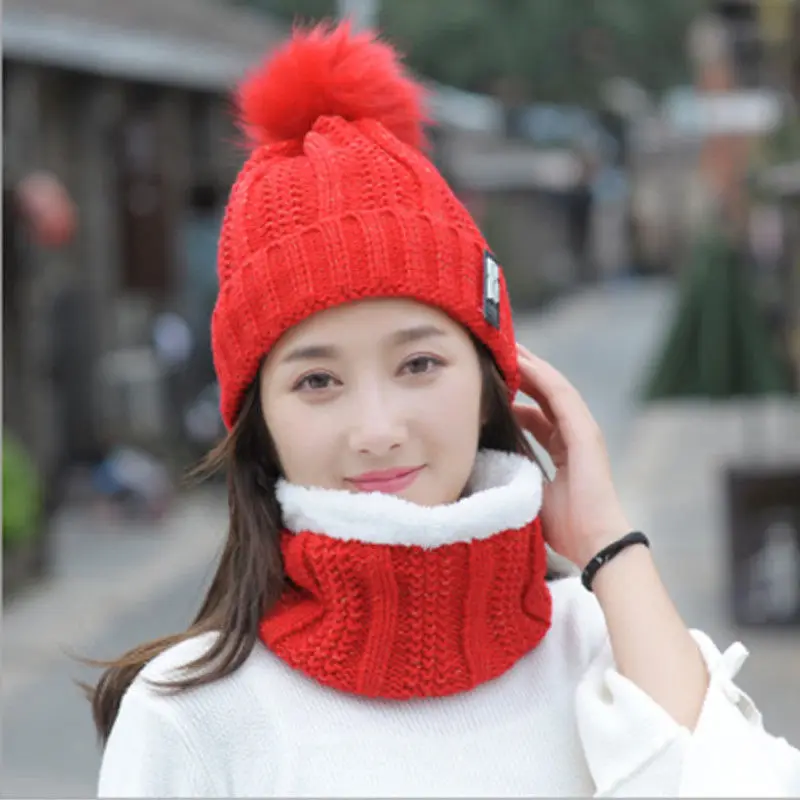 Новая Мода Удобный шарф шляпа комплект для женщин зимние теплые однотонные помпоны трикотажные мягкие шапки и шарфы для 2 шт