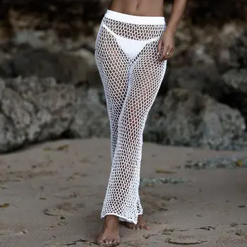 

Crochet Mesh Beach Pants For Women 2019 Summer New Elastic Bikini Cover Up Pants High Waist Long Flare Trousers Swimming Bottoms