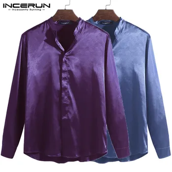 

Fashion Mens Dress Shirt Long Sleeve Stand Collar Silk Satin Tops Slim Fit Casual Camisa Social Business Shirts Men 2020 INCERUN