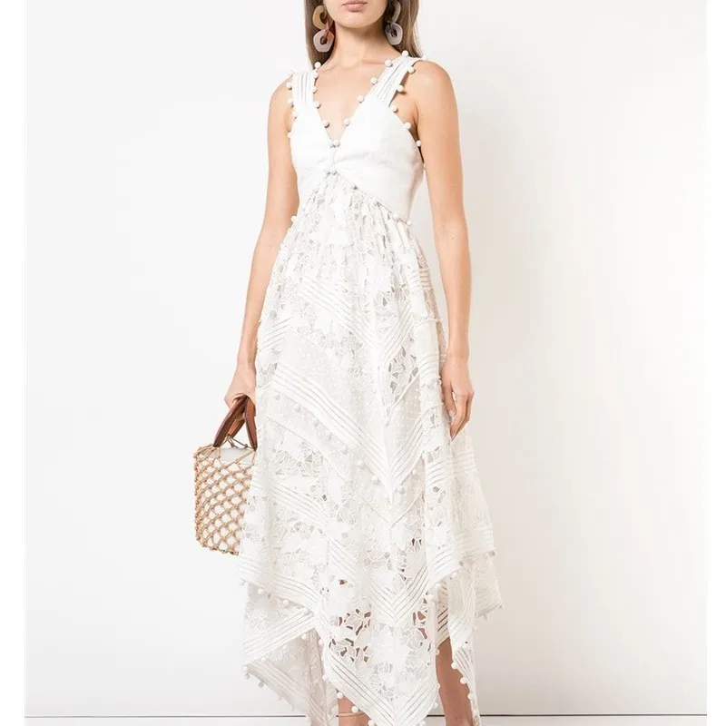 

Self Portrait Summer High-end Elegant Women Sexy Spghetti Strap Runway Party Dress 2019 White Hollow Out Long Beach Lace Dress