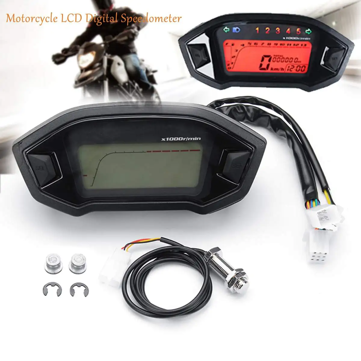 

12V Universal Motorcycle LCD Digital Speedometer Tachometer Odometer Backlight Gauge Indicator For Adjustable 2-4 cylinders