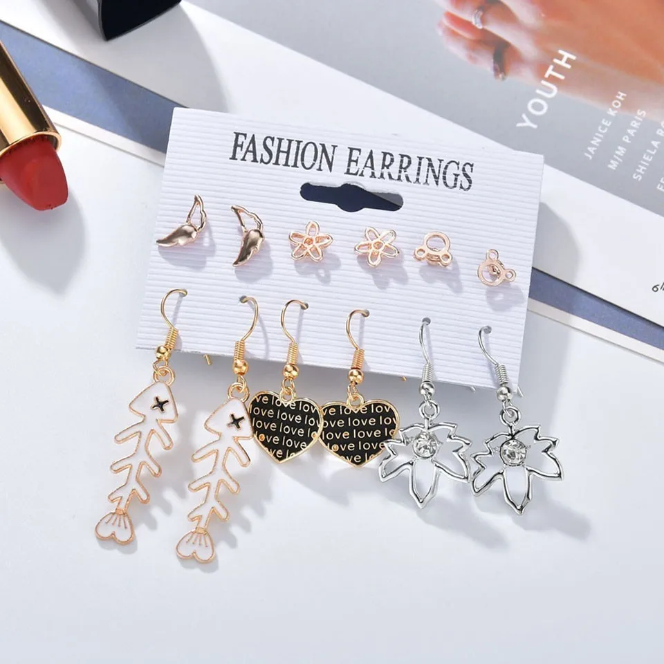 

Trendy Fish Bone Heart Drop Earrings For Women Handmade Earrings Sets Earrings Fashion Jewelry Accessories 6 Pairs/Set