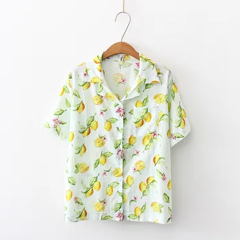 

2019 Summer NEW Women Short Sleeve Lemon Floral Printed High Quality Cotton Blouses Shirts Loose Casual Tops Beach Shirt Blusas