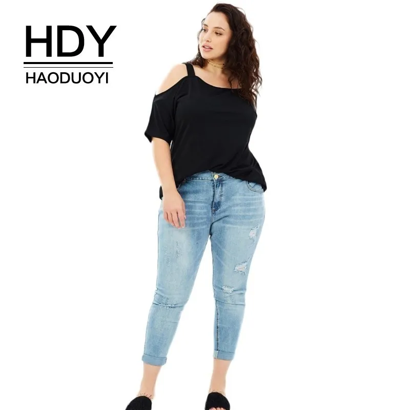 

HDY HAODUOYI Plus Size Solid Casual Slash Neck Women T-shirt Female Hollow Out Sexy Tops Black Loose Top Tees Big Size