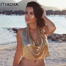 Itsroya Лето Винтаж Для женщин из металла пикантные Трусики Бикини Холтер золотой узор выдалбливают партия Холтер пляжная одежда Топ ванный комплект Для женщин