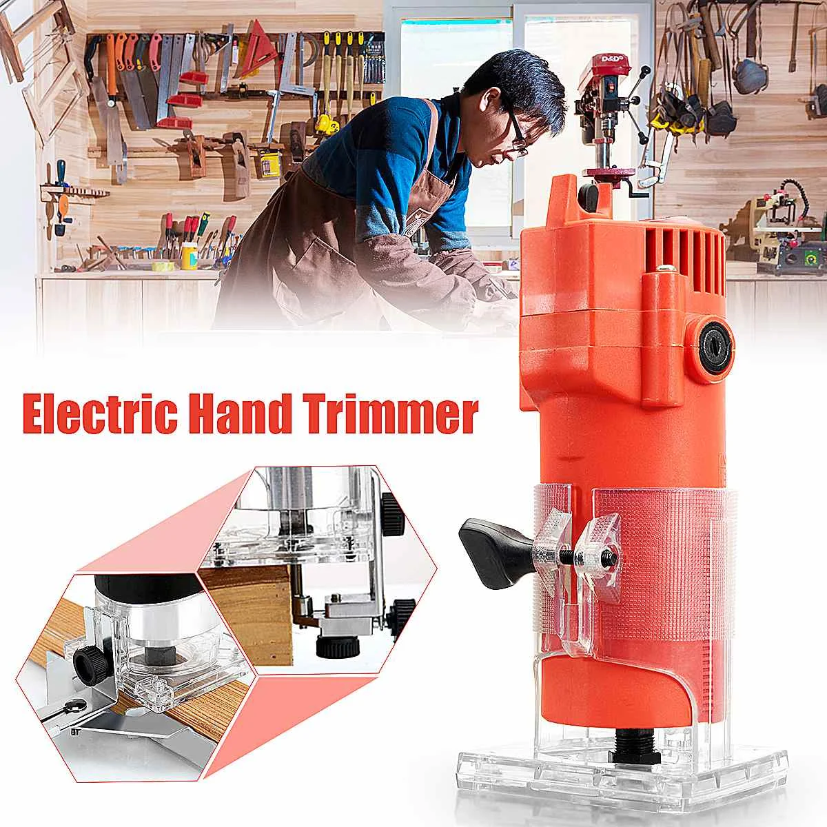 

30000r/min 220V 450W 1/4" Wood Electric Trimmer+15pcs Router Bit Set with Case for DIY Wooden Processing Handicraft Production