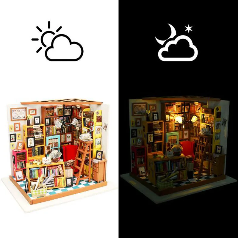 

Robotime DIY 3D LED Wood Miniature House Toy Assembled Bookstore Wooden Building Kits Sam's Study Cabin Creative Toys For Kids
