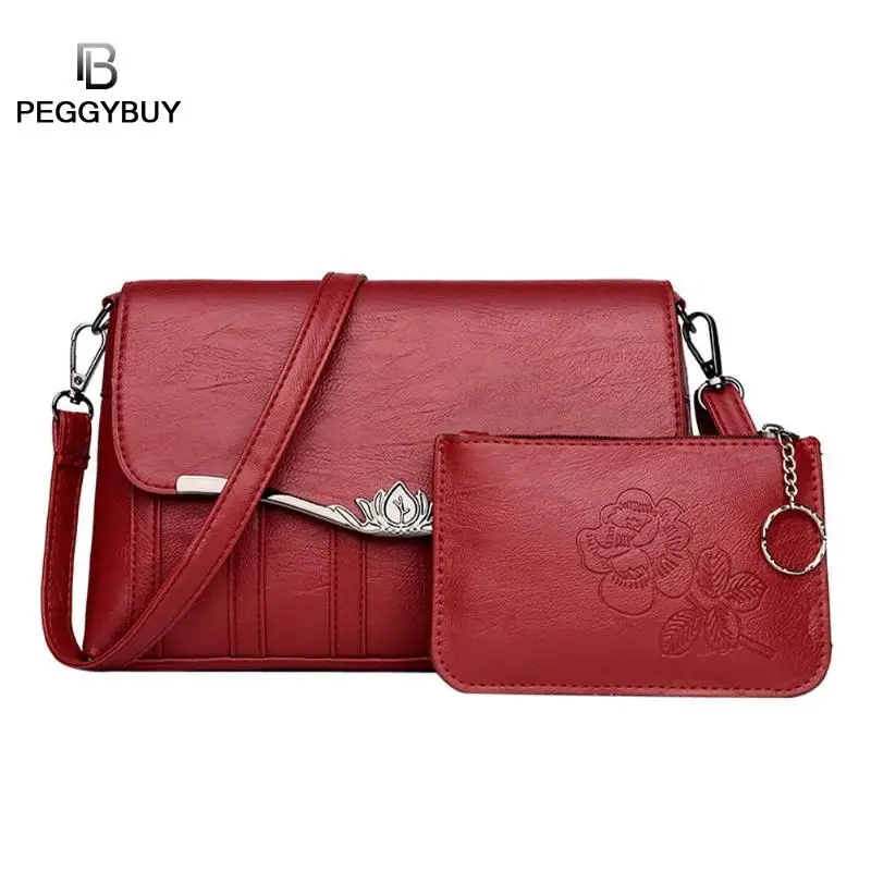 

2 Pcs/Set Women Messenger Bag PU Leather Handbag Composite Purse Clutch Square Crossbody Bag Red Black Ladies Shoulder Bags