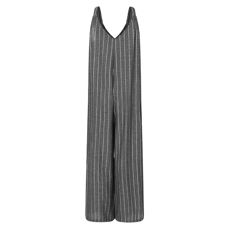 

Women Striped Jumpsuits Sleeveless Overalls Summer Wide Leg Overalls Female V Neck Playsuits Casual Pants OL Wide Leg Pants