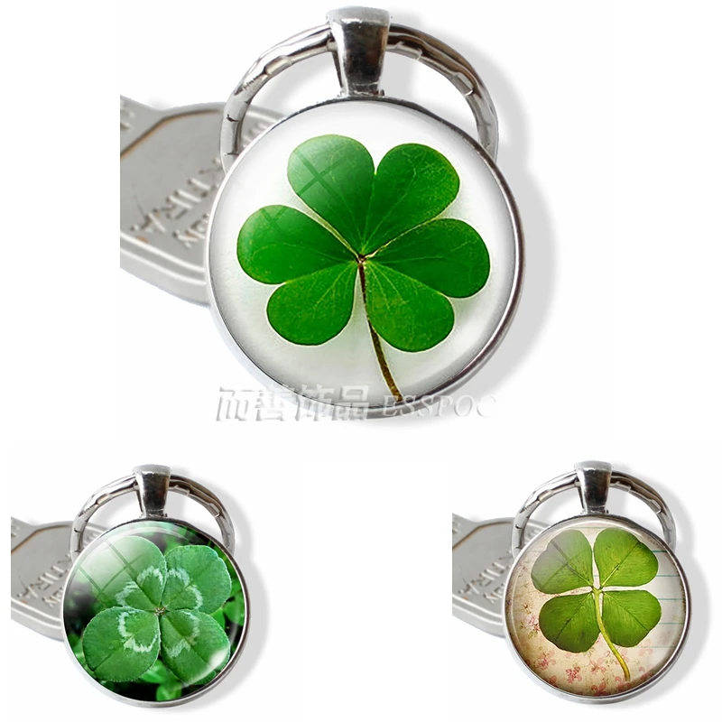 

Fashion Shamrock Lucky Clover Plant Jewelry Pendant Key Chain Ring Keychain Handmade Glass Dome Silver Keyring for Women Gift