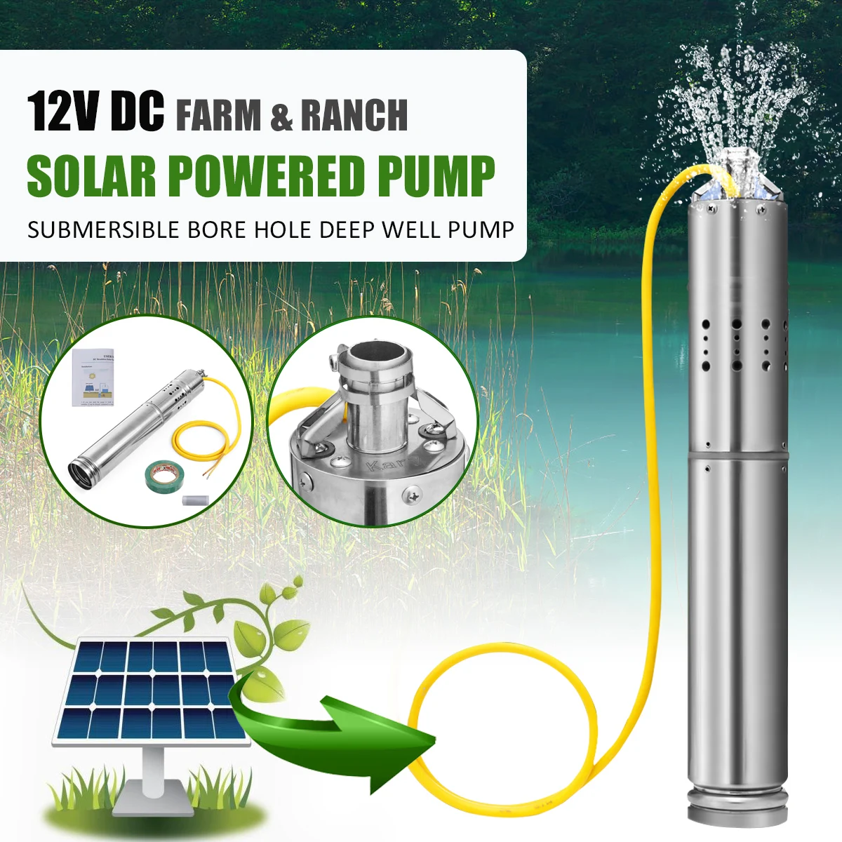 

DC12V/18V 110W Max Head 20m Solar Powered Pump Submersible Bore Hole Deep Well Pump For Farm Fishpond And Ranch