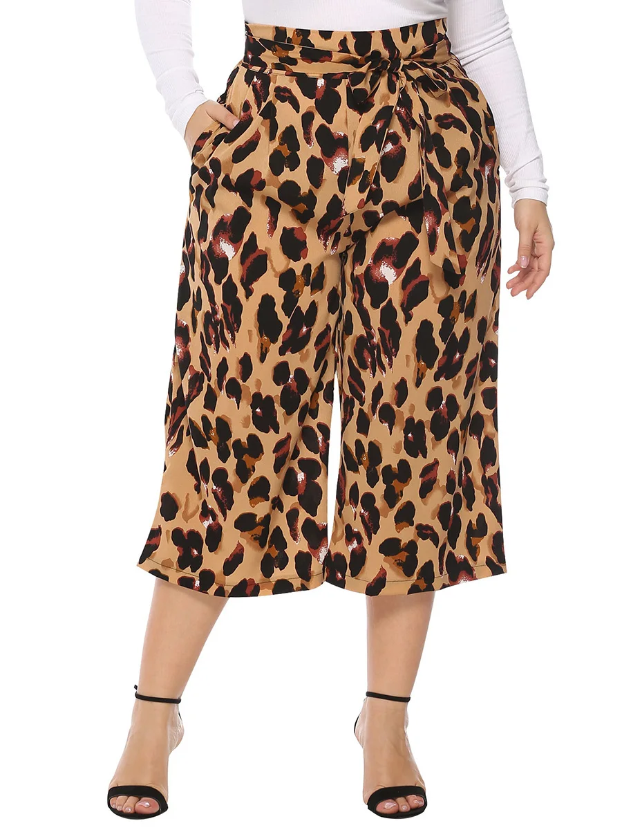 

2019 Women Elastic Wide Leg High Waist Pants Bowknot Bandage Leopard Trousers
