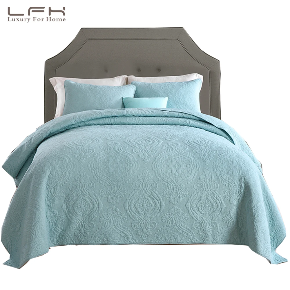 

LFH King Summer Bedspread Embroidered Bedding Blanket With Pillow Covers Embossed Bed Quilt Set Coverlet for Bedroom Wash Cotton