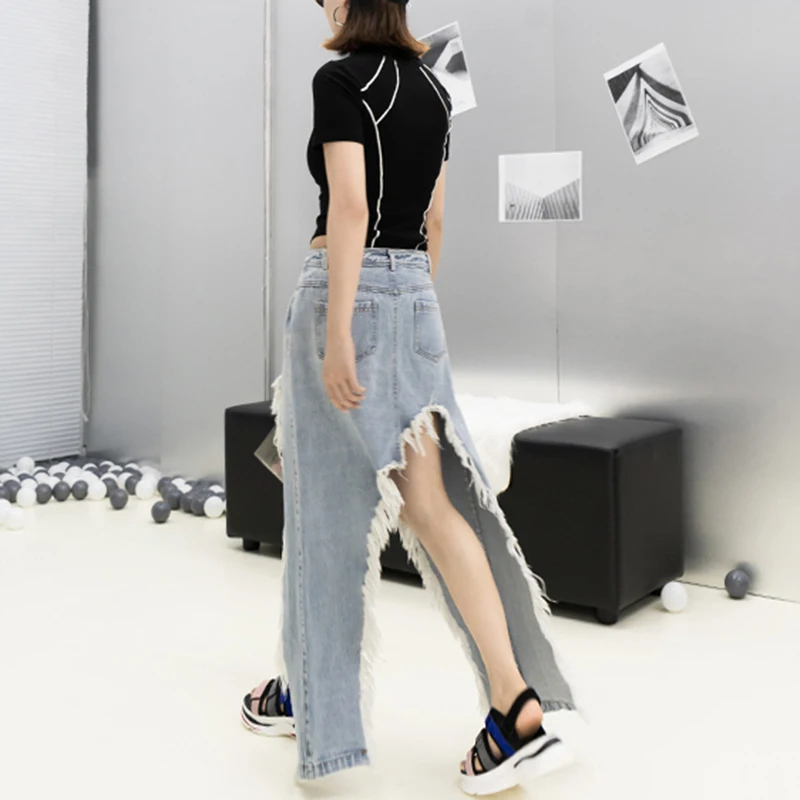 Skirts For Size Irregular Sexy Waist Summer Large Denim Skirt Split Tassel Blue Fashion 2018 E036 Clothing Women High Female fqv86nEw