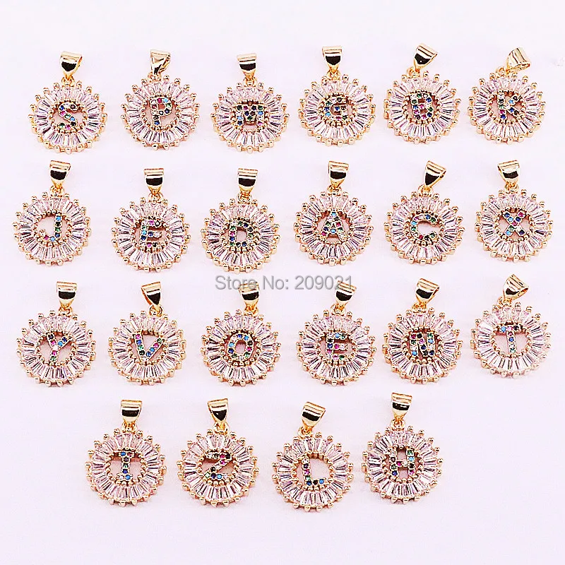 

15Pcs Round Micro Pave Rainbow Cubic Zirconia A-Z 26 Letters Necklace Pendants Women's Fashion Jewelry Accessories