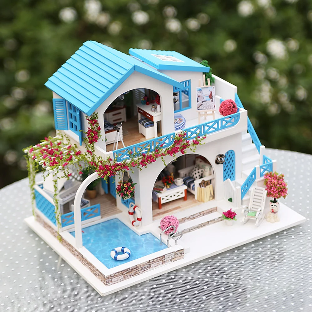 Миниатюрный Супер Мини размер кукла модель строительства дома наборы деревянная мебель игрушки DIY кукольный домик синий и белый город игрушки для детей