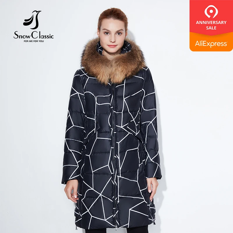 Snowclassic 2018 Модные женские зимняя куртка толстый длинный Пальто в полоску Куртки