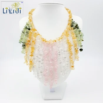 

Natural Citrine Rose Quartz Clear Quartz Prehnite with Jade Toggle Clasp Handmade Knitting Necklace