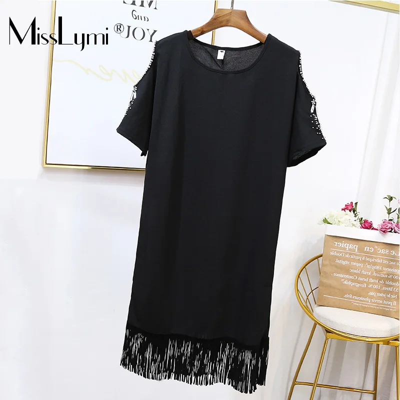 

L-5XL Plus Size Women Tassel Dress Summer 2019 Sexy Hollow Out Beading Short Sleeve Loose Casual Cotton T shirt Dresses Black