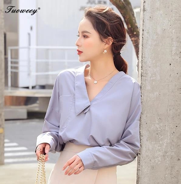 

Women Blouse Summer Chiffon Shirts For Women V-Neck Body Blouses office eletang Blue Blouses Female Fashion Korean Clothing Tops