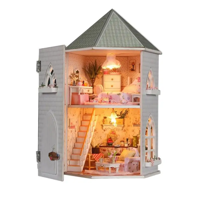

2018 New DIY Love Fortress Wooden Dollhouse Handcraft Forest Building Assemble Miniature Wooden Creative Furniture LED Light Gif