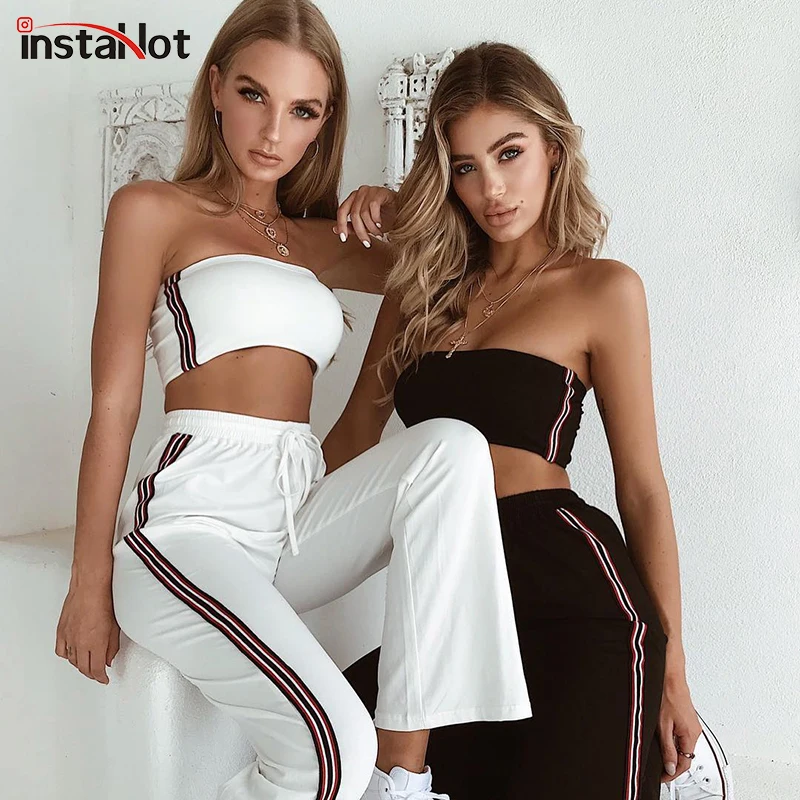 

Sexy Side Striped Summer Autumn 2 Piece Set Women Knitted Zipper Tube Tops And Drawstring Straight Pencil Long Pants Casual