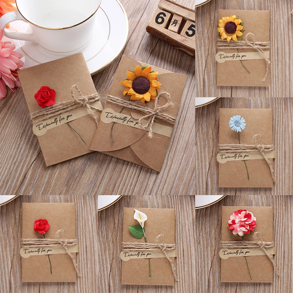  DIY Retro Kraft Paper Handmade Dried Flower Greeting Card Invitations Cards Kits for Wedding Bridal - 32995310464