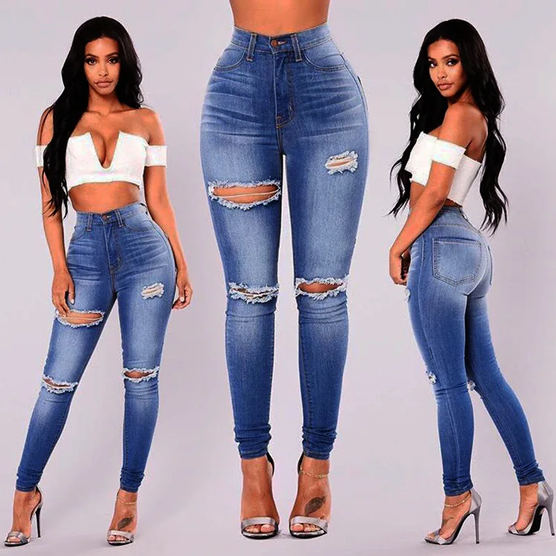 

High Waist Jeans Lady Skinny Ripped Hole Pants Denim Sexy Push Up Pencil Trousers Destroy Wash Jean For Women Strech Jean Femme