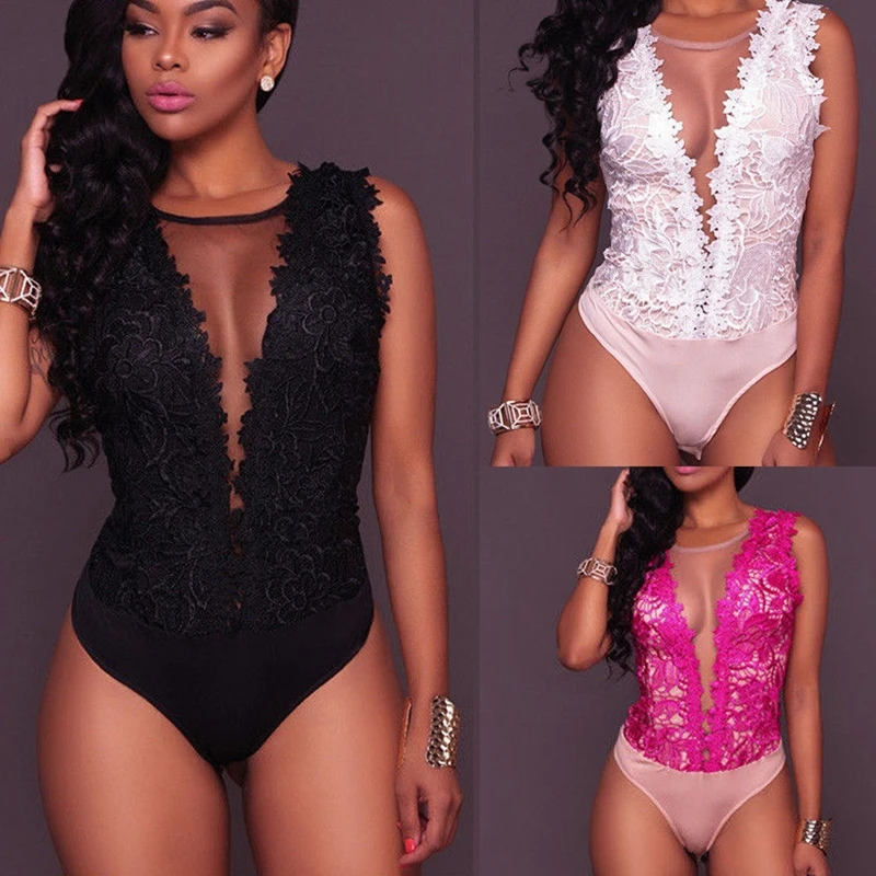 

Sexy Women V Neck Lace Up Floral Bandage Bodysuit Leotard See Through Backless Tops Jumpsuit