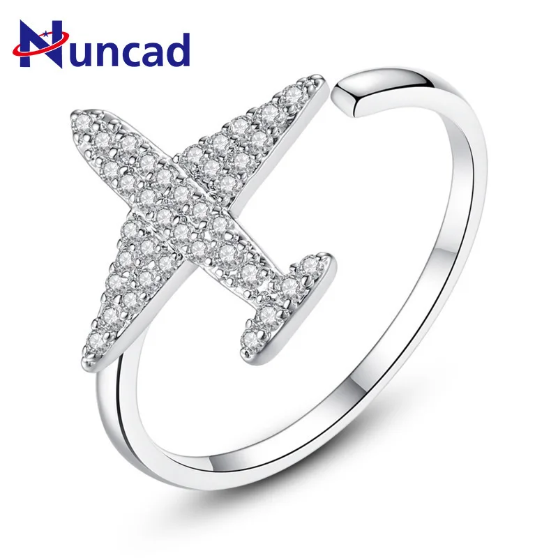 

2019 New Pattern Crystal Airplane Opening Rings Anenjery Dazzling Micro CZ Individual Special Design Rings For Women