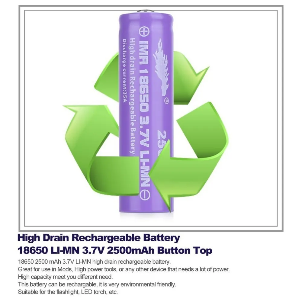 

18650 Rechargeable Battery LI-MN 2500mAh 3.7V High Drain Button Bateria 18650 lithium For LED Torch Flashlight Shell Battery