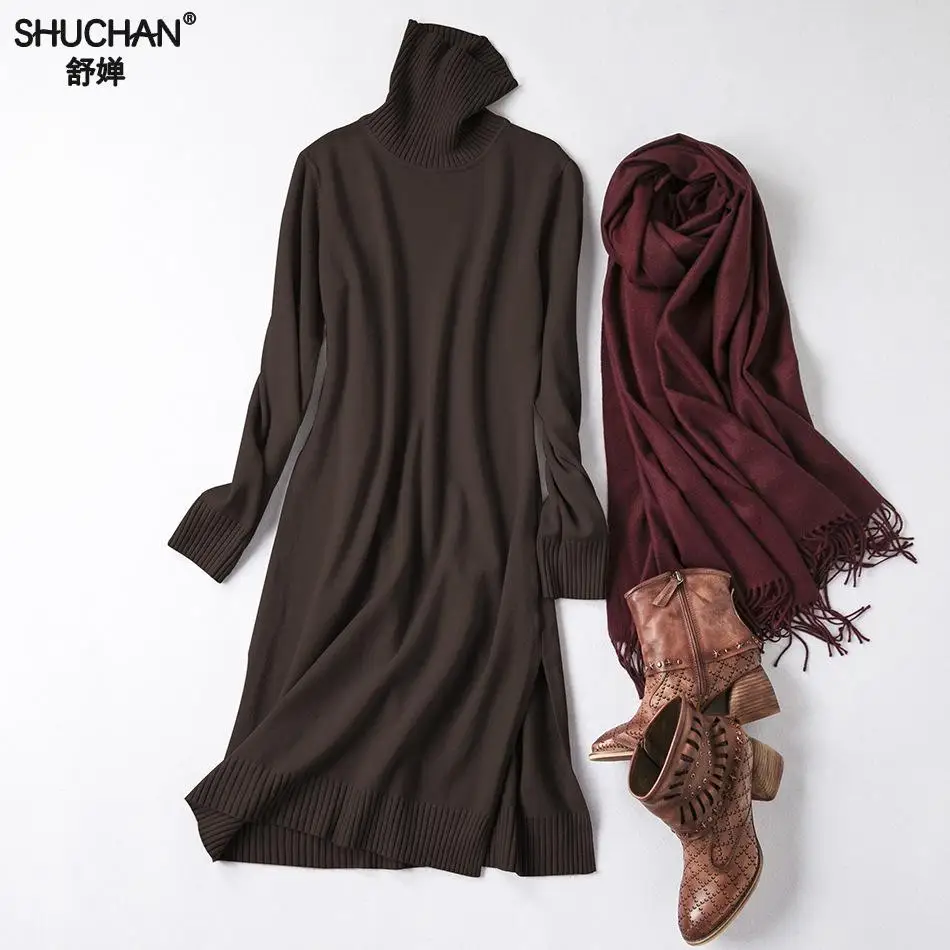 Beste Shuchan Winter Gebreide Jurk Coltrui Warm 50% Wol + 25% katoen + 10% kasjmier Rechte knielange Gebreide Truien jurken 0119