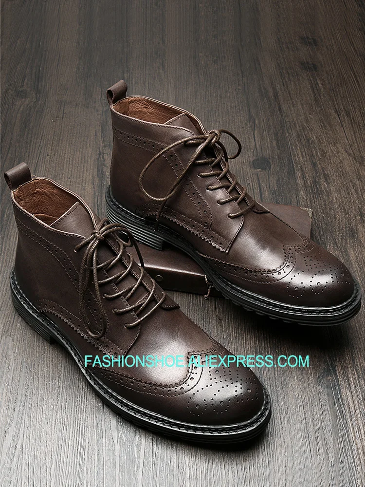 

British Style Martin Boots Mens Short Boot Brogue Carved High top Mans Fur Warm Winter Boots