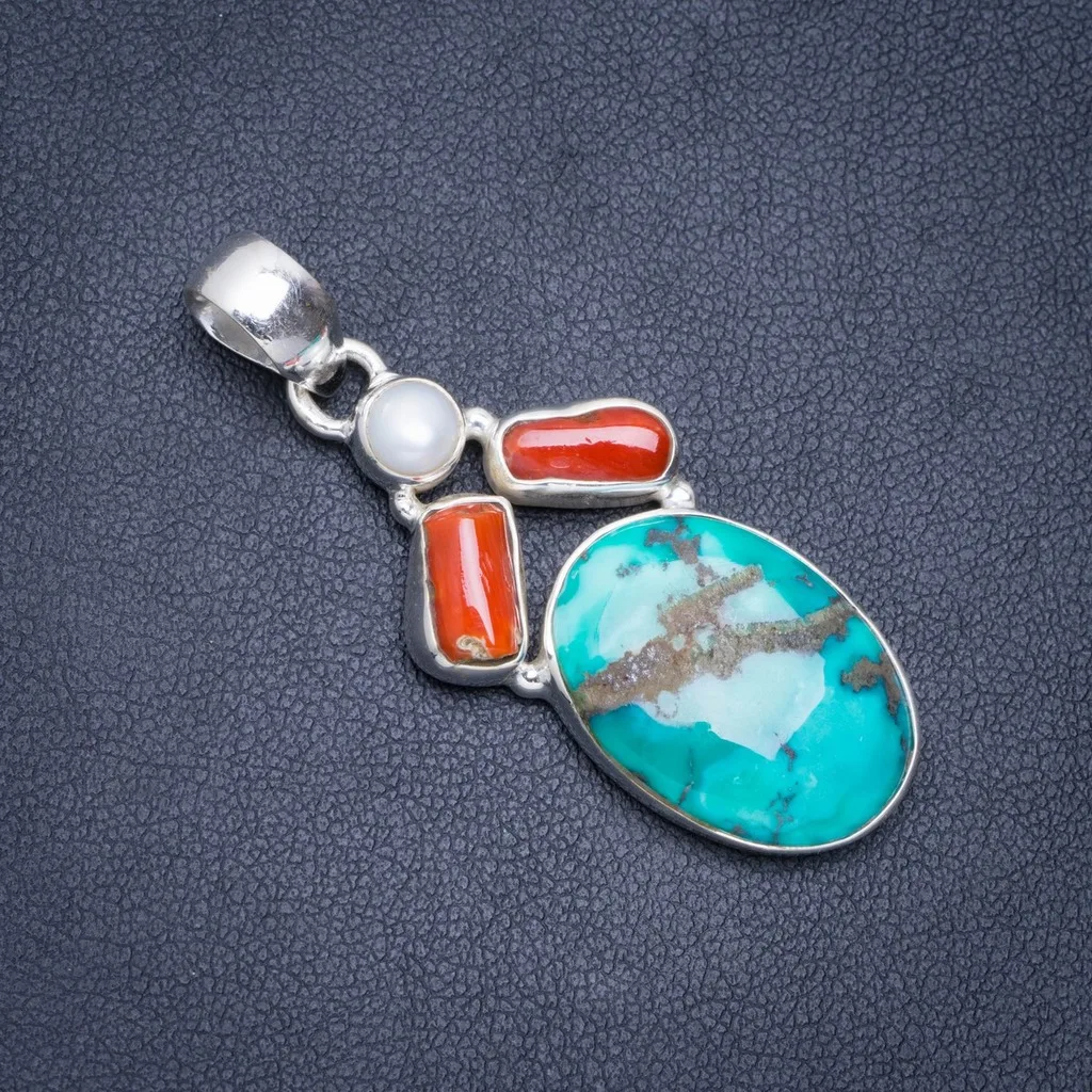 

Natural Turquoise,Red Coral and River Pearl Handmade Unique 925 Sterling Silver Pendant 1.75" A0497