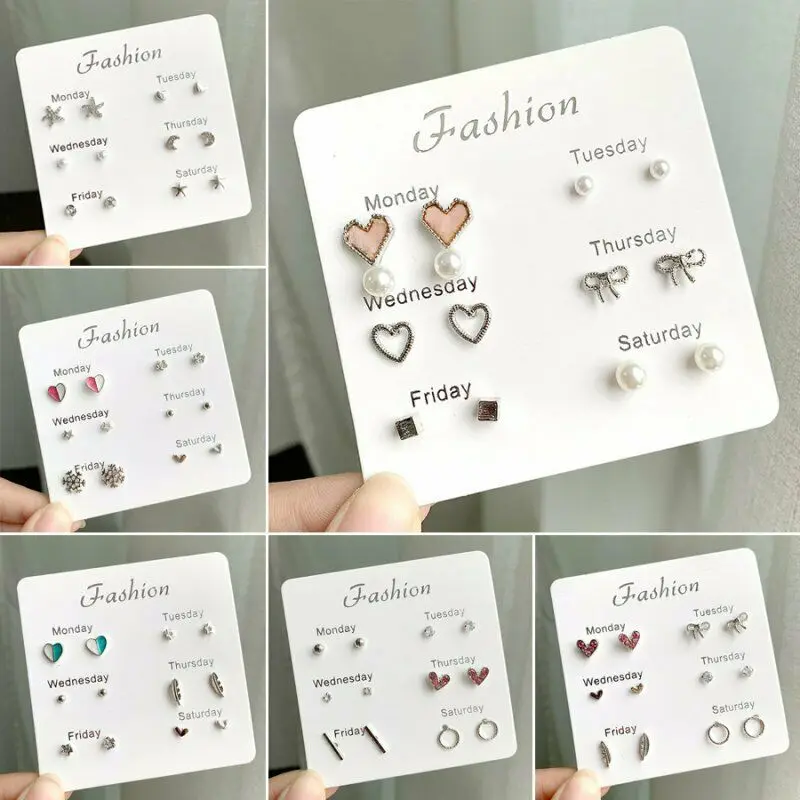 

Heart Female Girls Silver Earrings Set Ear Stud 5 Pair New Rhinestone Pearl Fashion Elegant Jewelry Crystal