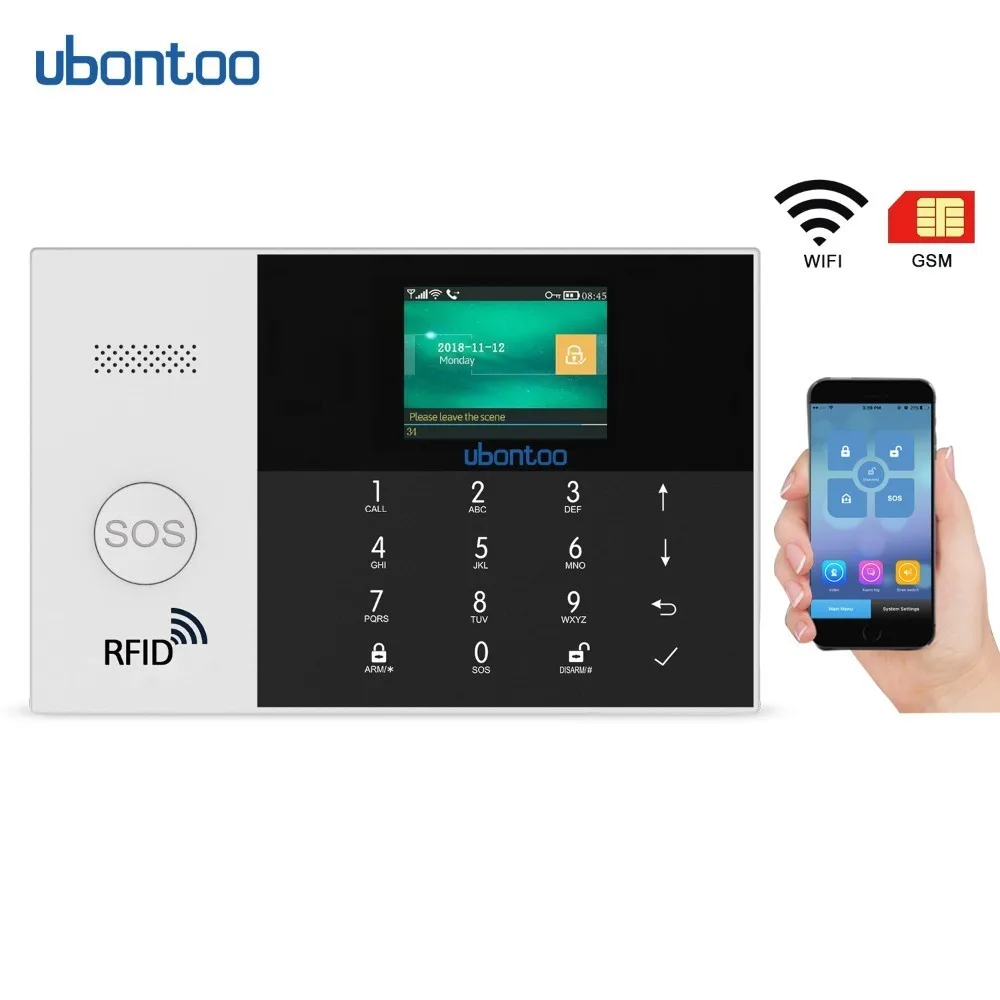 ubontoo Wireless Burglar Sensor Home Security WIFI RFID SIM GSM Alarm System IOS Android APP Control LCD Touch Keyboard