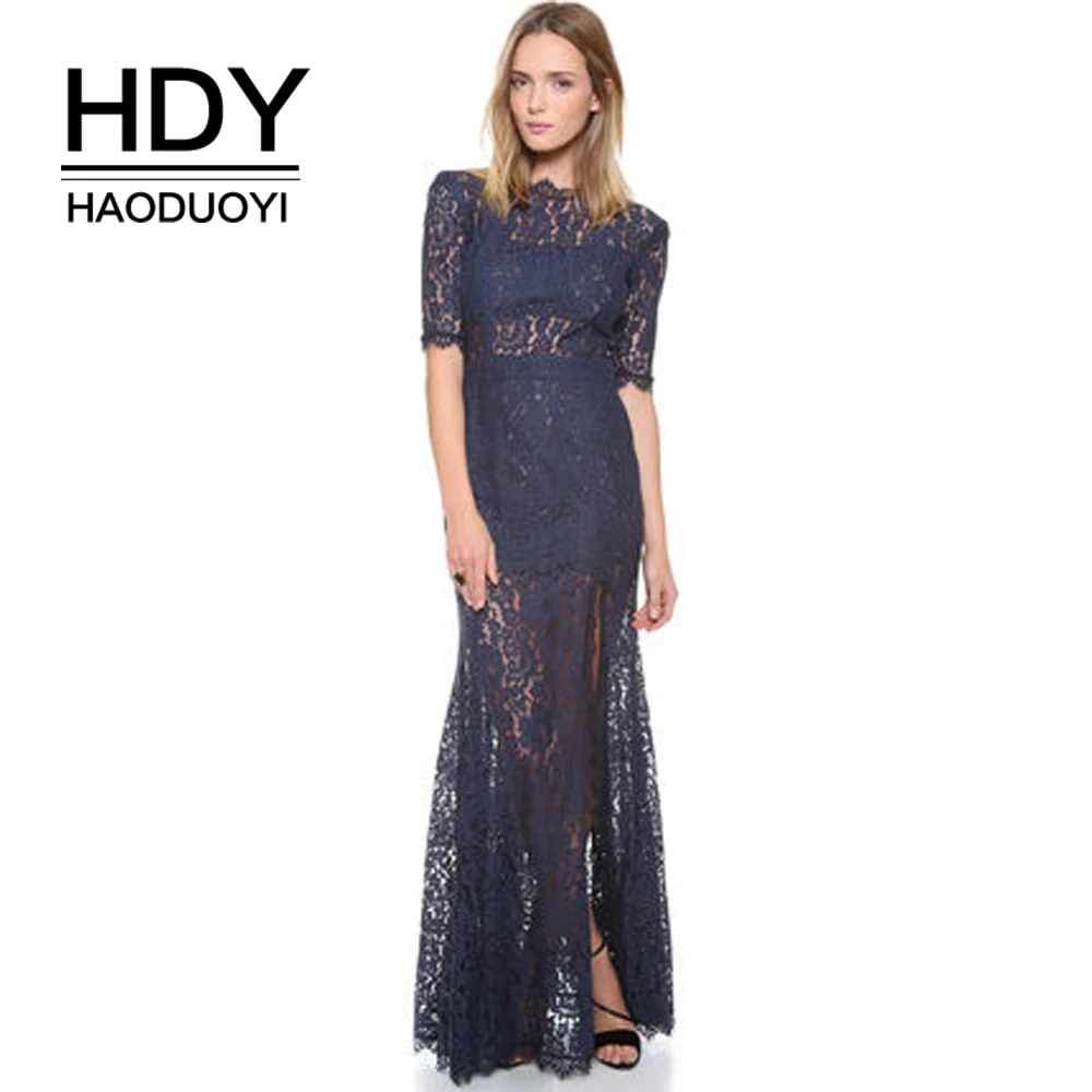 

HDY Haoduoyi Women Short Sleeve Backless Maxi Lace Dress Elegant Side Split Sexy Long Dress Formal Dinner Party Dress