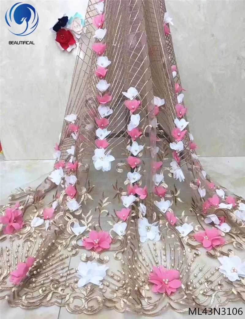 

BEAUTIFICAL 3d flower lace french tulle african lace 5 yards nigerian wedding net mesh fabric lace beads ML43N31