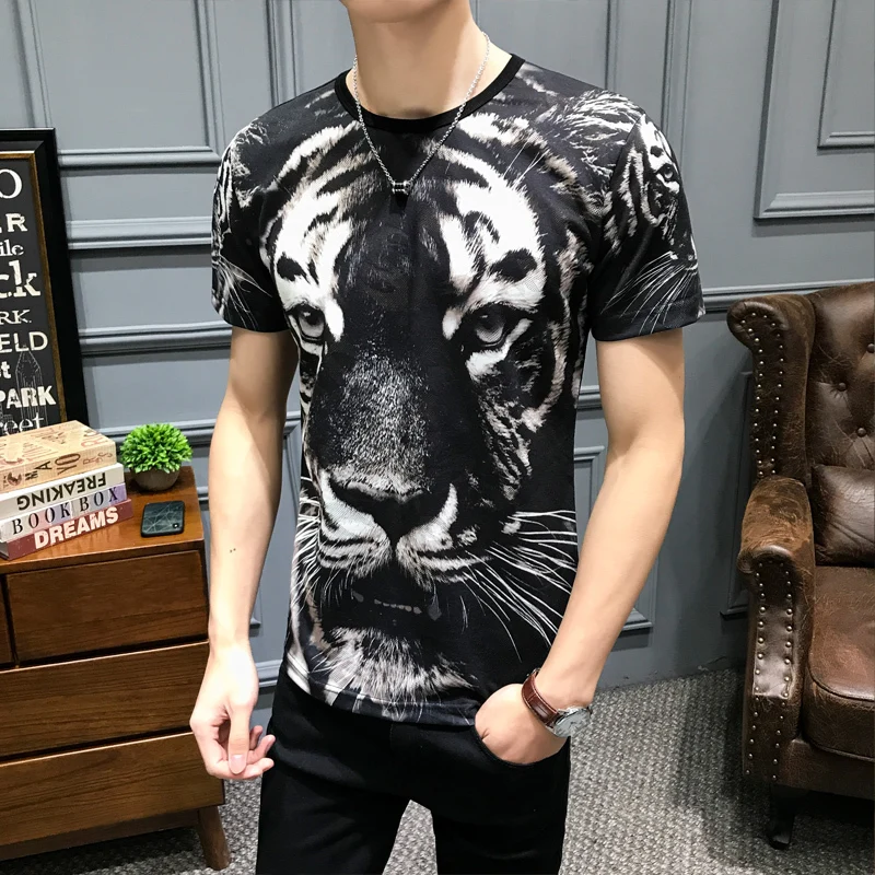 

Summer Fashion New Pattern Tiger Head Printing Tiancan Silk Round Neck Short Sleeve Harajuku Men Shirt Paty Social Masculina