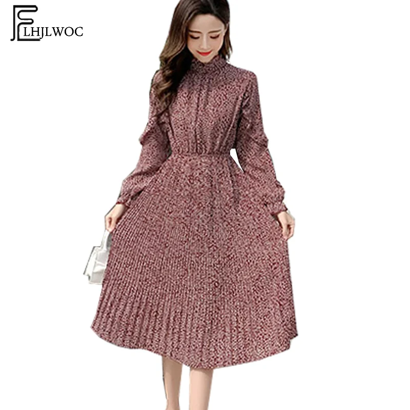 

2019 Spring Basic Dresses Hot Women Fashion Korean Style Long Sleeve Slim Waist A Line Floral Printed Ruffled Vintage Dress 132