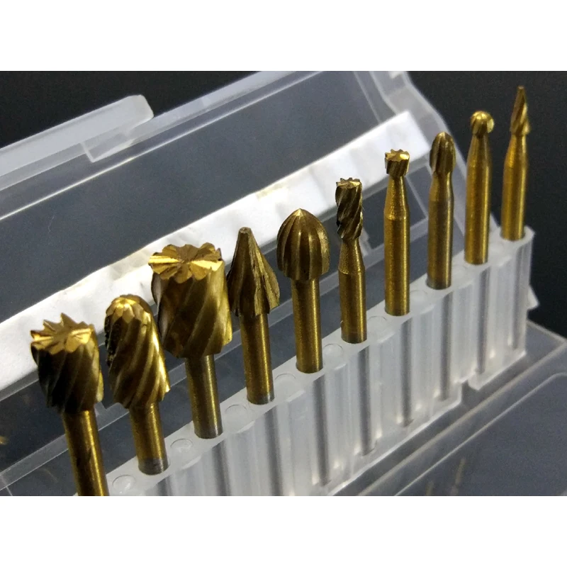 

10Pcs Set Box-packed Rotary Files/Rasps Fraise/Carbure Wood Knife/Carving Abrasives Tools HSS Titanium Carving/Slotting Kit