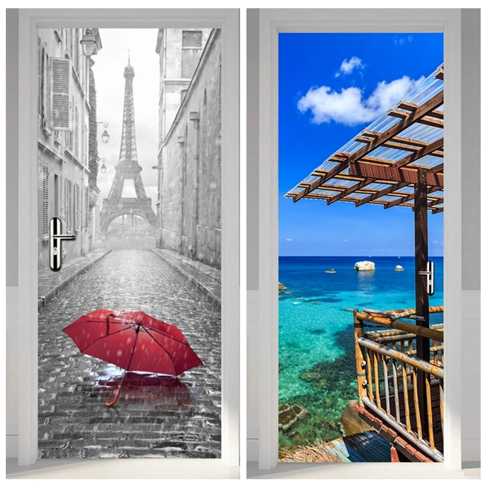 

3D Wooden Doors Refurbish Yard hanging basket Door Decals Self Adhesive Decorative Waterproof Wall Decal Mural Wallpaper