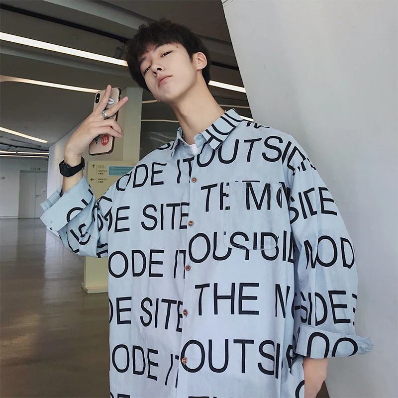 

Men's shirts spring 2019 new monogram-printed cotton long-sleeved loose casual personality youth vitality men's wear