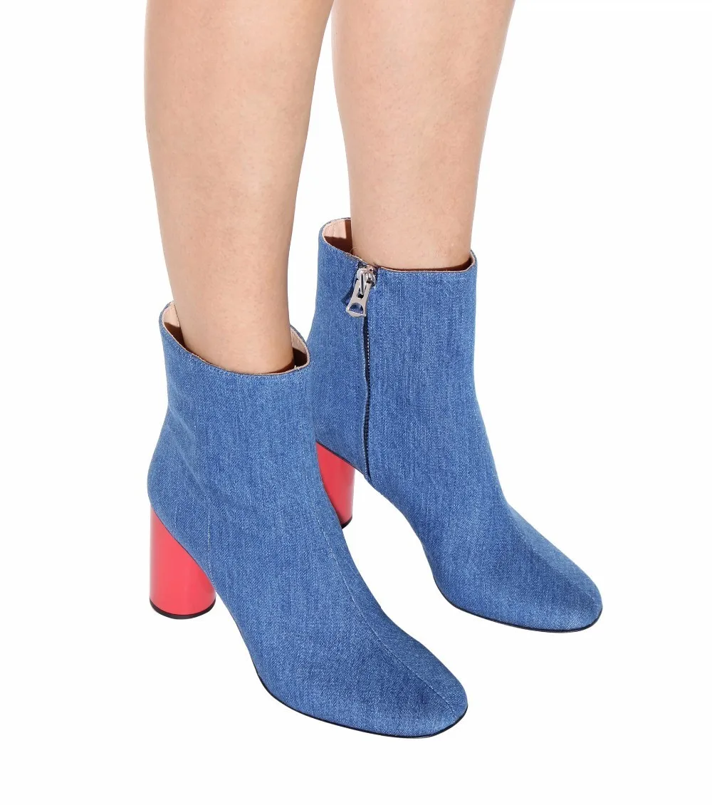 

New Fashion Round Toe Boots For Woman Denim Blue Ankle Boots High Heel With Round Heels And Zipper Spring Sexy Simple Style